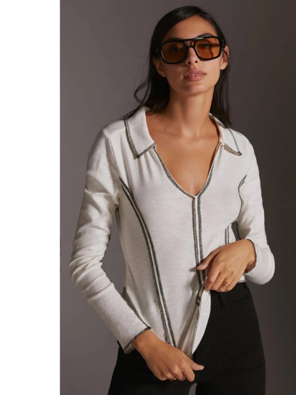 Anthropologie x Pilcro White V-Neck Long-Sleeve Top with Contrast Stitching